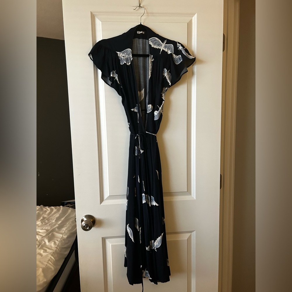Reformation Blue Maxi Wrap Dress with Crane Print